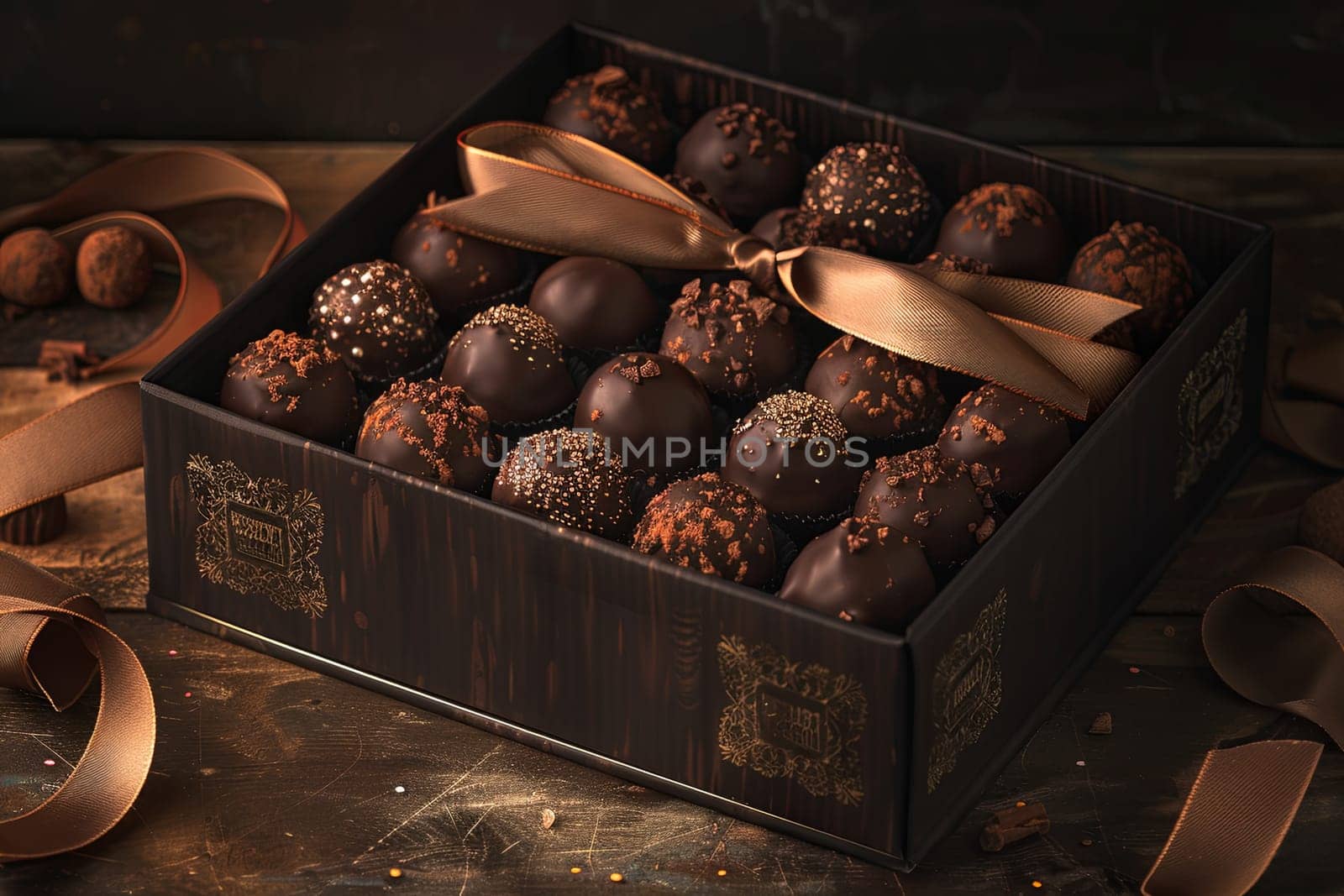 High-detail elegant box of chocolate truffles adorned with a ribbon. Luxurious presentation in rich dark colors.