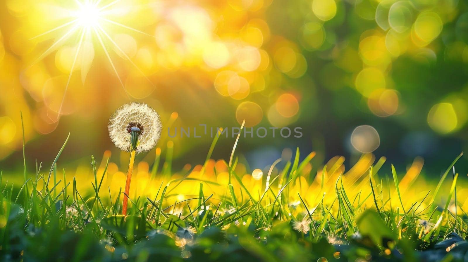 Dandelion in the Wind on Green Grass Spring Nature Background with Sun Rays and Bokeh Effect Concept Serene Natural Beauty.