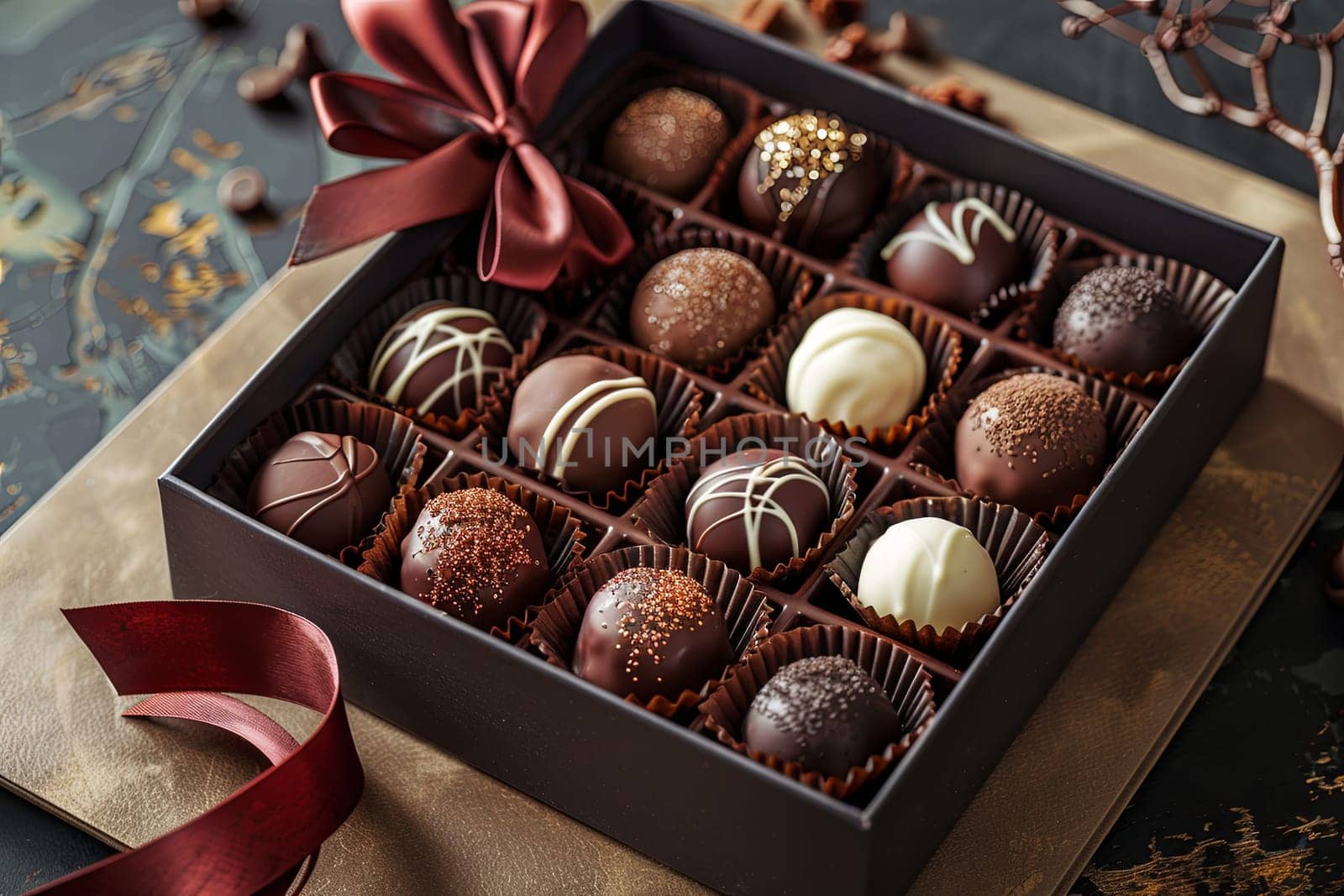 Elegant box of chocolate truffles adorned with a vibrant red ribbon, showcasing a luxurious presentation with rich dark colors.