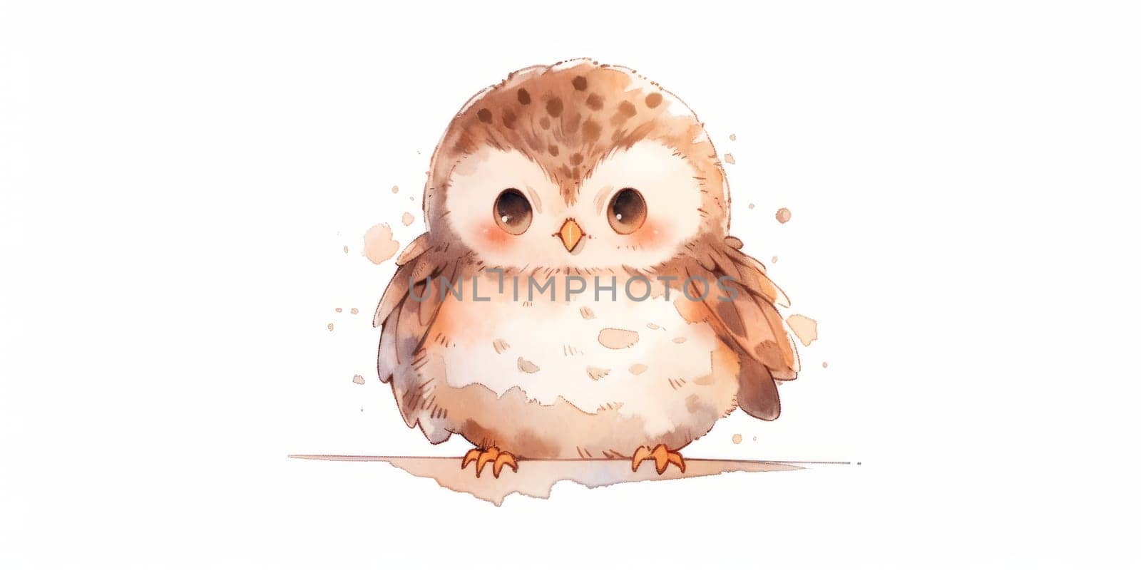 Cute kawaii baby owl hand drawn watercolor illustration. by Artsiom