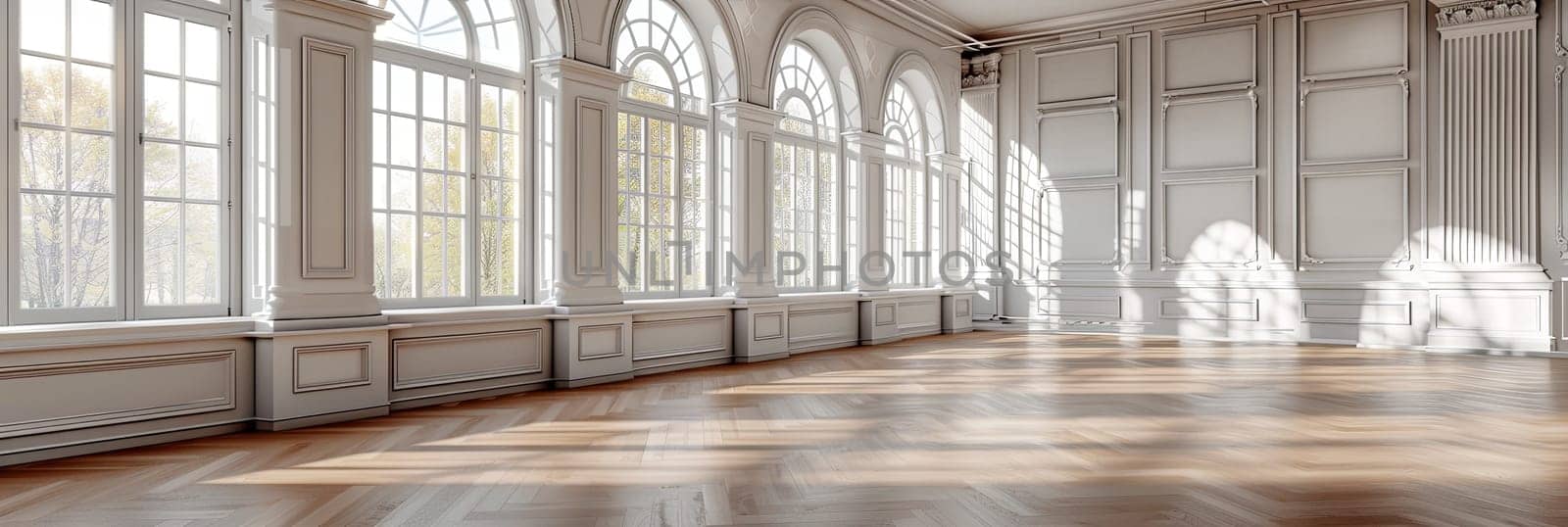Vintage-style empty banquet hall with a parquet floor and large windows.