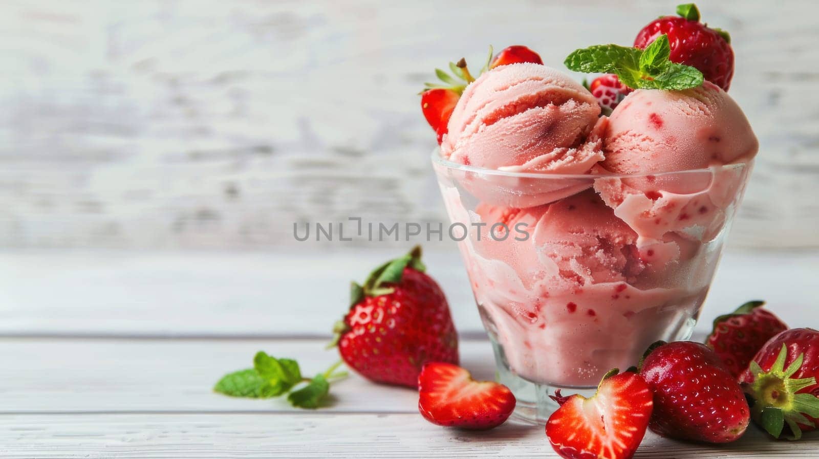 Close-Up of Strawberry Ice Cream in Glass Topped with Fresh Strawberries and Mint Leaves Against White Wooden Background Concept Fresh and Delicious Dessert.