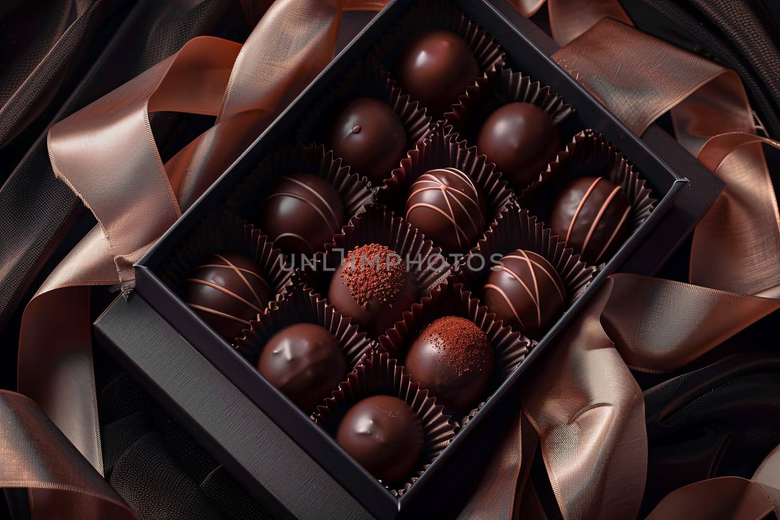 High detail image of a luxurious box of chocolate truffles adorned with ribbons in rich dark colors.