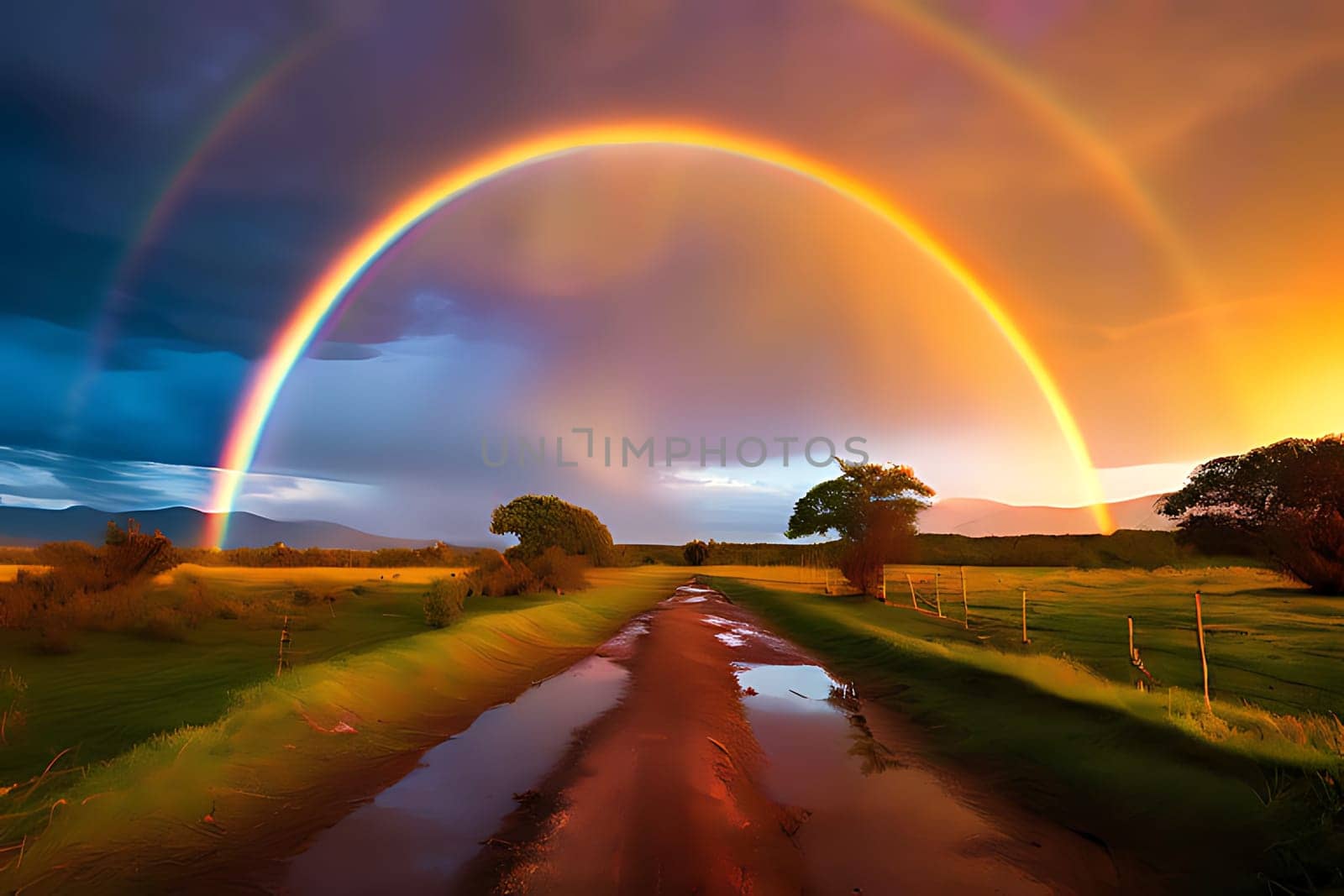 A pair of vibrant rainbows stretching across the sky, displaying the full spectrum of colors in a natural phenomenon.
