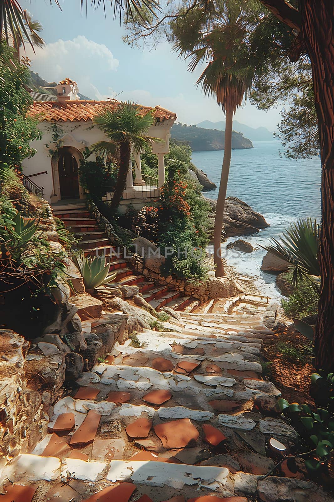 A winding staircase lined with lush green plants leads up to a house perched on a cliff overlooking the ocean, surrounded by trees and a vast natural landscape