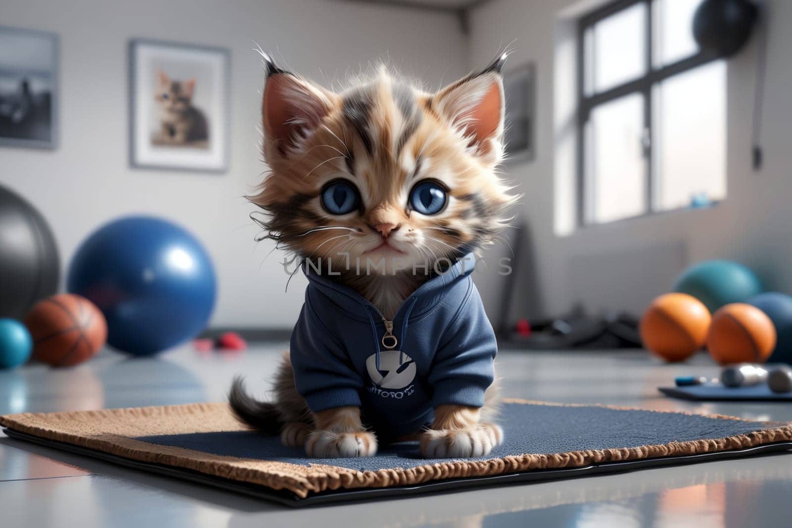 cute Ragdoll cat doing fitness in the gym .