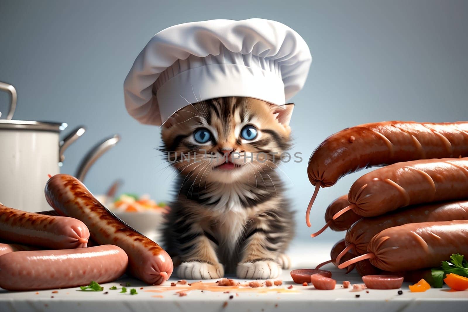 cute cat in a chef's hat with cooked meat sausage .