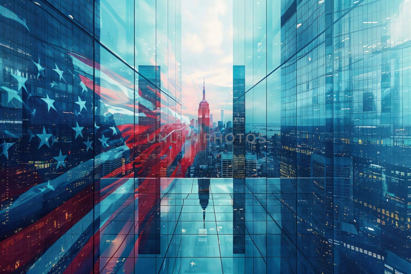 The U.S. flag is reflected on glass and metal surfaces of a modern cityscape, viewed from above at dusk.
