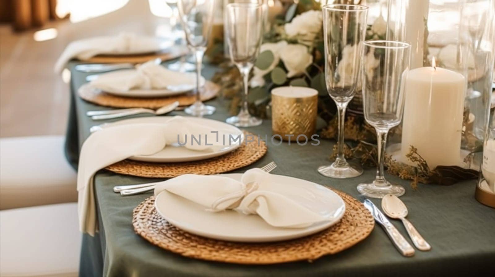 Sage green holiday tablescape, formal dinner table setting, table scape with decoration for wedding party and event celebration, post-processed, generative ai