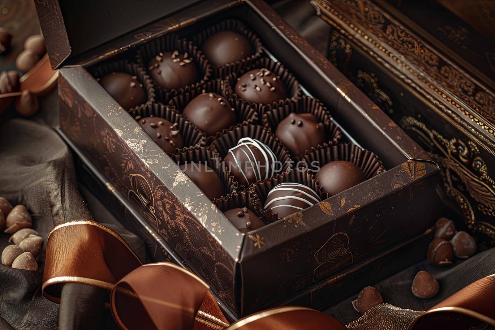 A luxurious box of chocolate truffles with ribbons on top of a table.