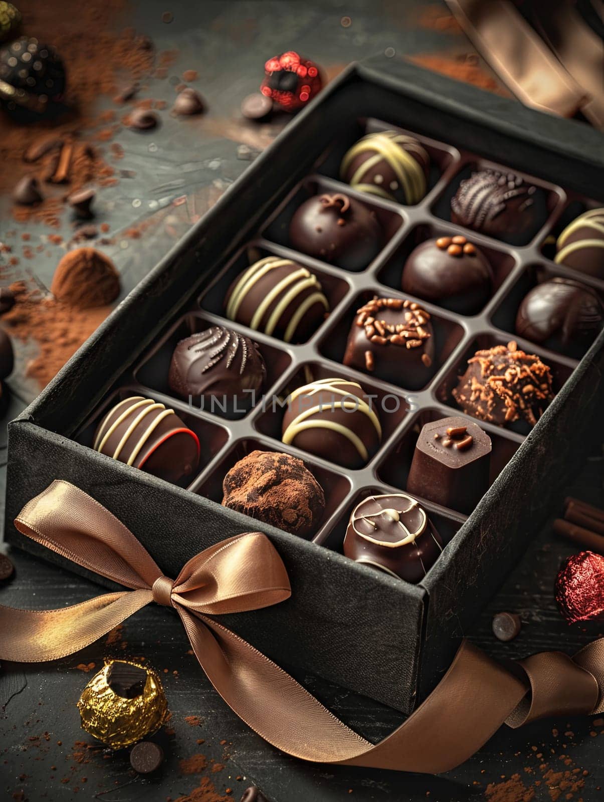 Elegant box of chocolate truffles adorned with a ribbon in rich dark colors for a luxurious presentation.