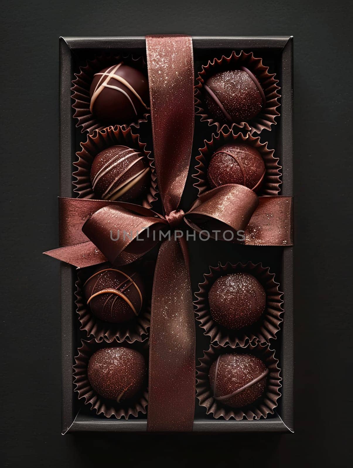 Elegant box of chocolate truffles adorned with a decorative bow, showcasing high detail and rich dark colors.