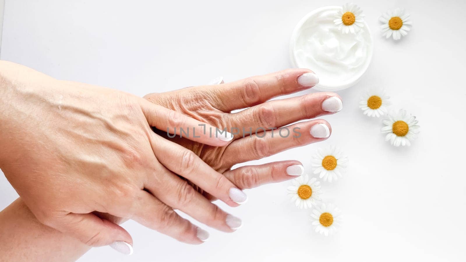Close up of middle age woman hands applying cream with chamomile flowers and hand cream container on white background. Skincare and natural beauty concept. For healthcare, wellness, organic product.