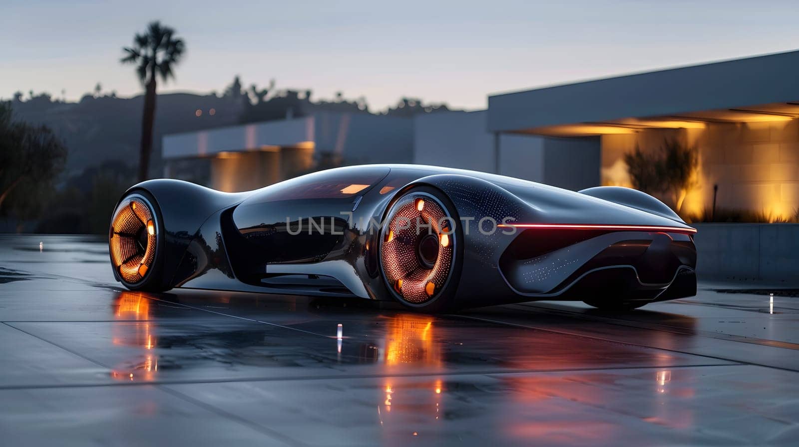 A sleek futuristic vehicle is parked in front of the house with stylish automotive lighting, alloy wheels, and bumper design, showcasing the latest in automotive technology