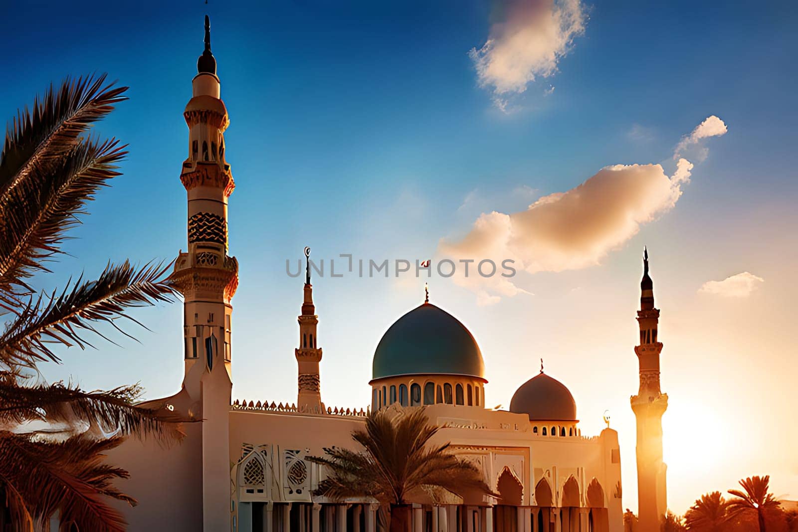 A large white building with a striking blue dome stands tall against the sky. The architectural structure is grand and imposing, with intricate details visible from afar. The contrast between the white walls and the vibrant blue dome adds an eye-catching element to the scene.