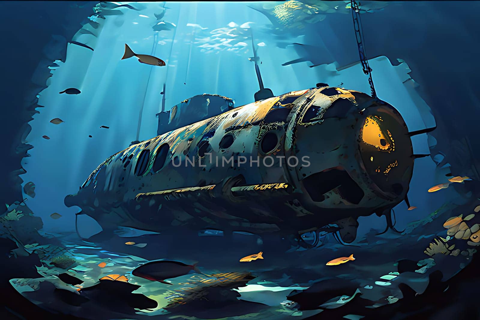 Submarine Floating in Ocean Surrounded by Fish by Riafat1234