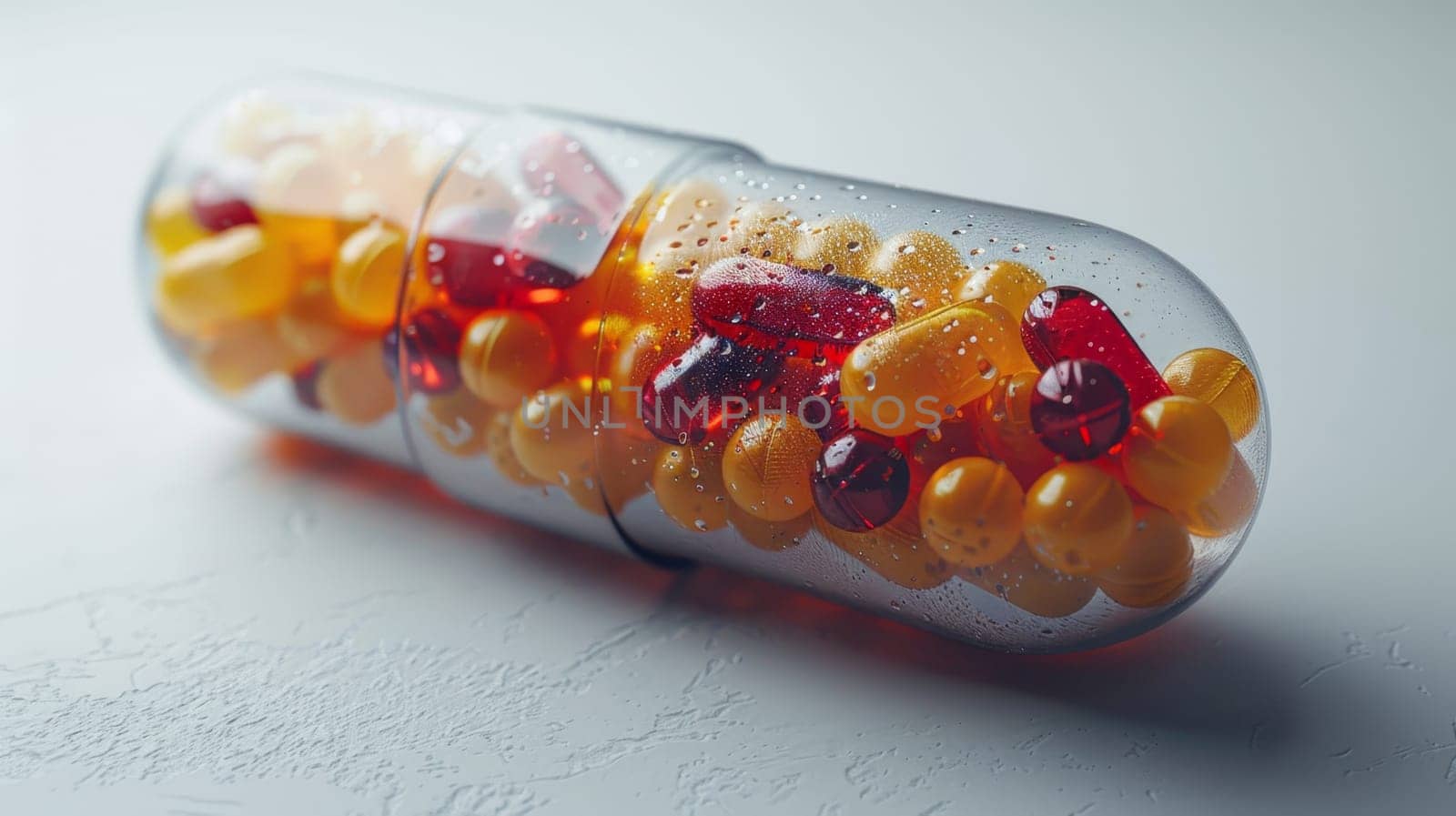 One capsule in a transparent shell with vitamin granules inside on a white background.