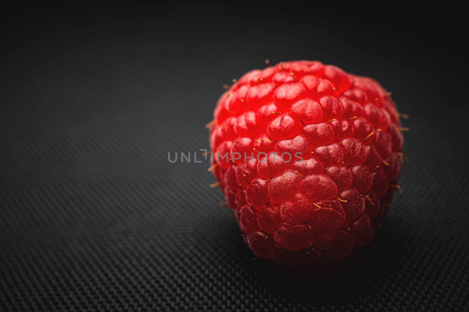 One red raspberry on a black background macro shot.