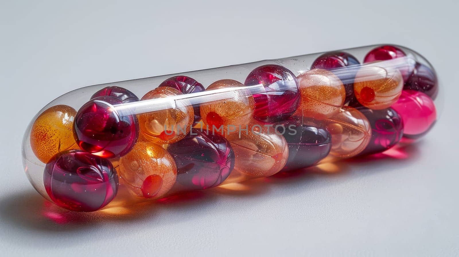 One capsule in a transparent shell with vitamin granules inside on a white background.