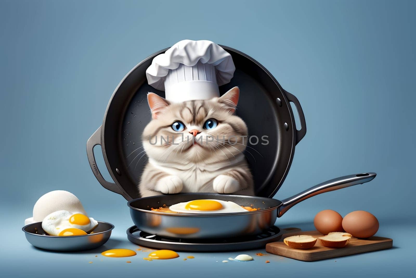 professional chef cat frying scrambled eggs in a frying pan .