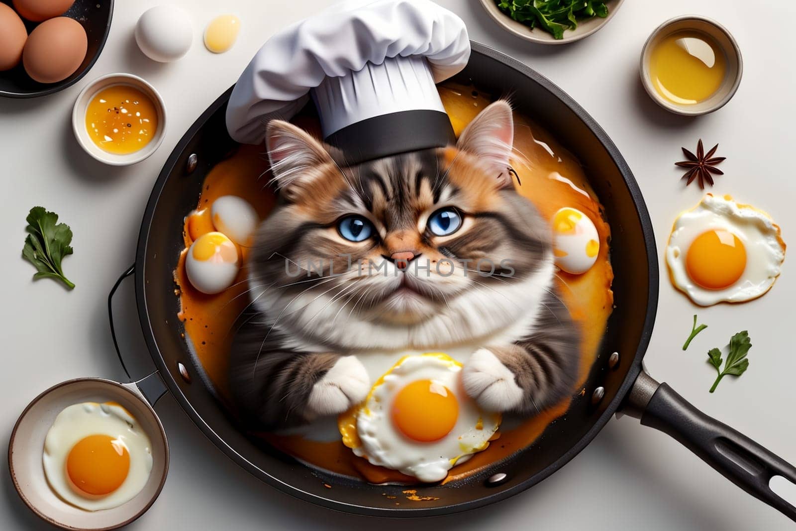 professional chef cat frying scrambled eggs in a frying pan ,view from above