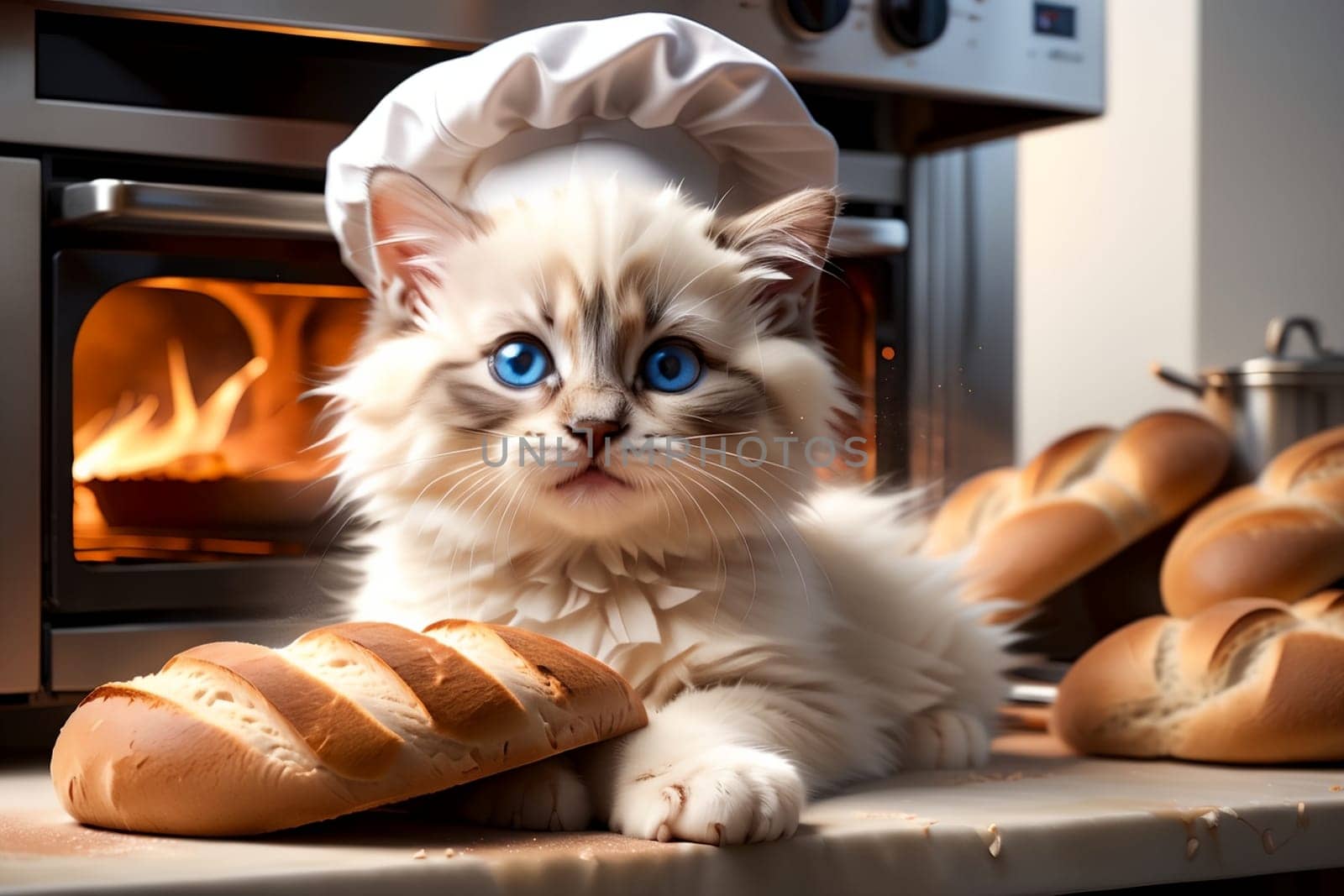 cute cat in a chef's hat with baked fresh bread .