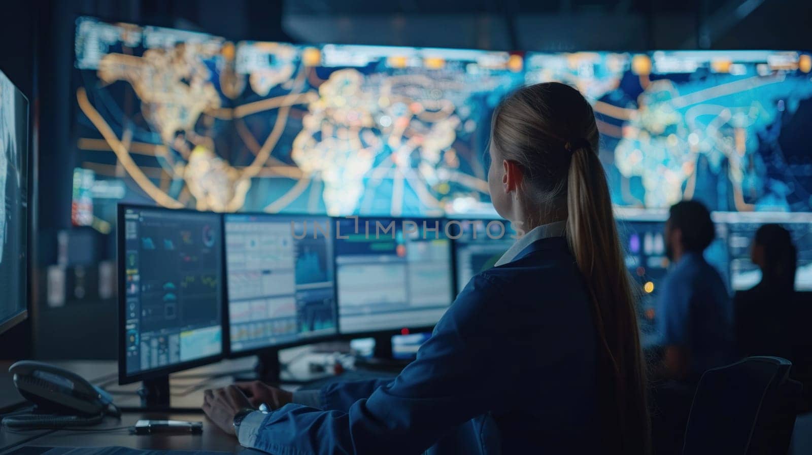 Team of Logistics Professionals in Control Room Monitoring Shipment Routes on Multiple Screens Concept High-Tech Business Banner.