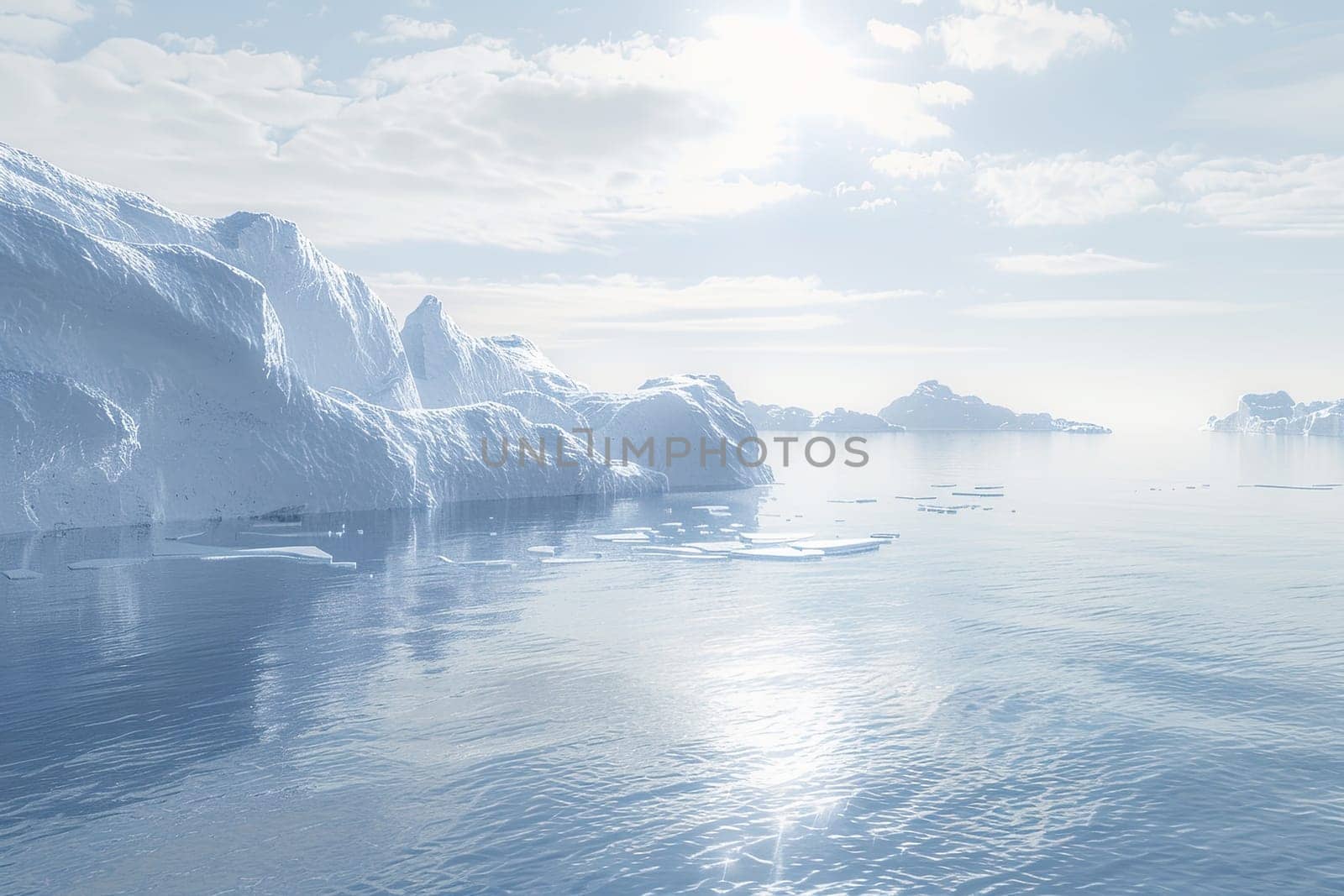 A large iceberg floats in the middle of a cold body of water.