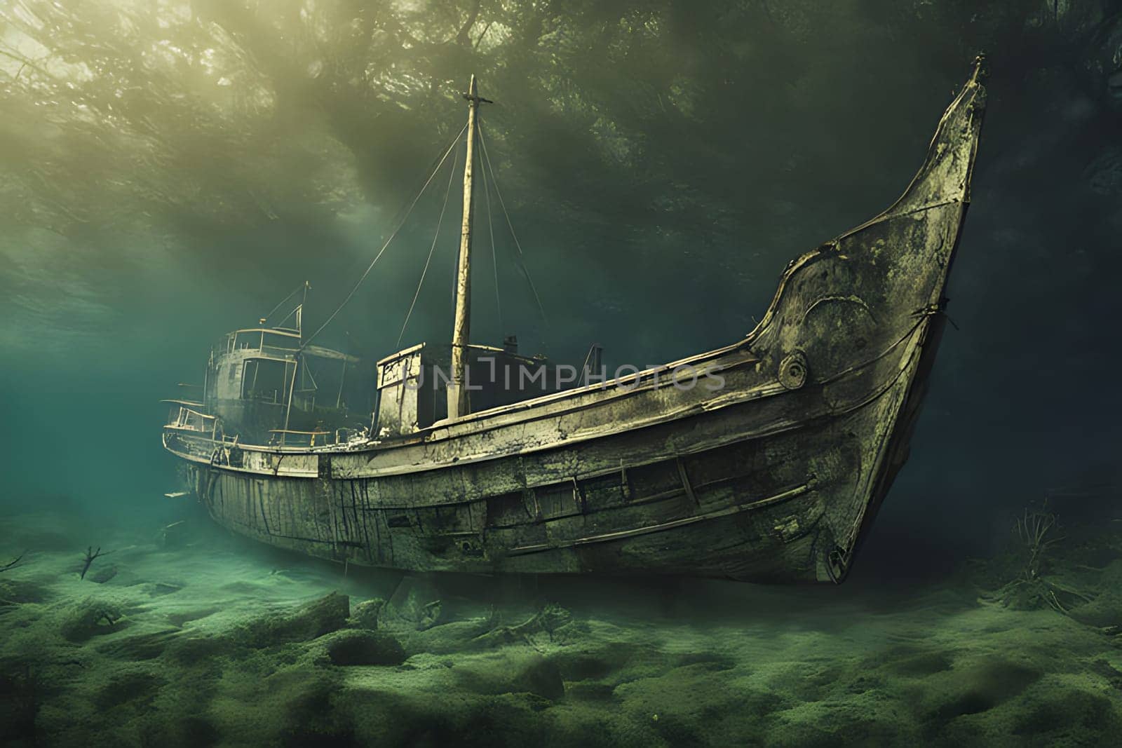 An old, weather-worn boat is seen floating in the vast expanse of the open ocean. The boat appears abandoned as it bobs up and down with the gentle waves, surrounded by nothing but water.