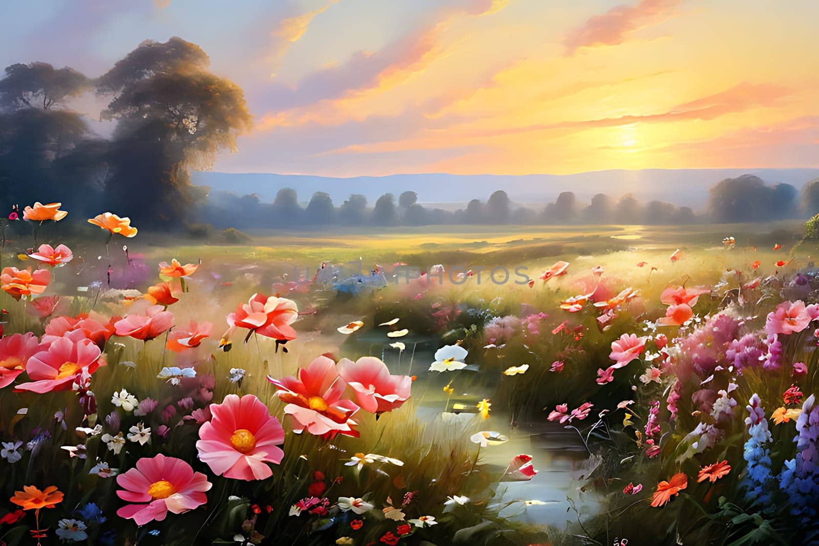 A painting depicting a vibrant field of flowers under a colorful sunset. The flowers are in full bloom, swaying gently in the breeze as the sun sets on the horizon.