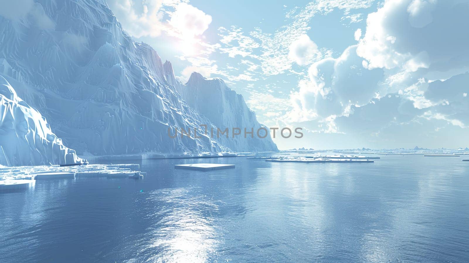 Large body of water with icebergs floating in it, showcasing the icy landscape of the Arctic region.