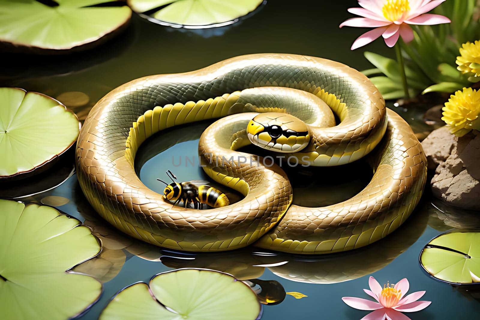 A snake and a bee are seen on a pond covered with lily pads. The snake appears to be slithering towards the bee, possibly attracted by its movement or scent.