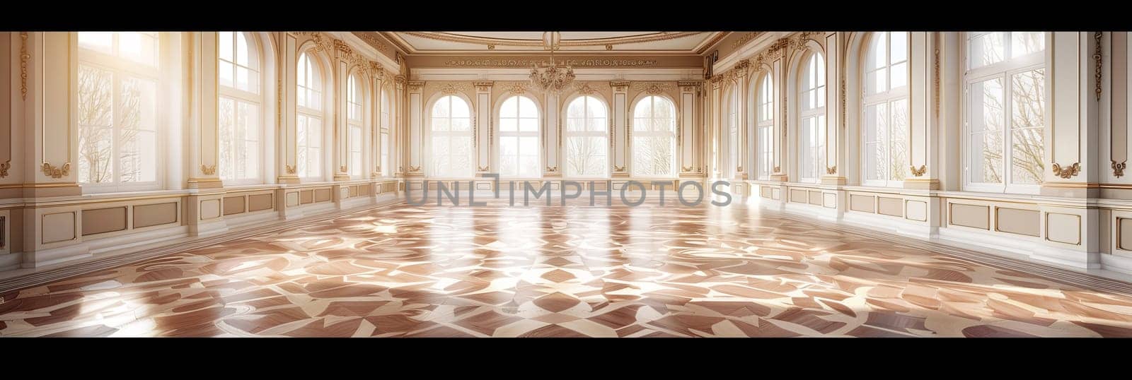 Vintage-style banquet hall with a checkered parquet floor and expansive windows.