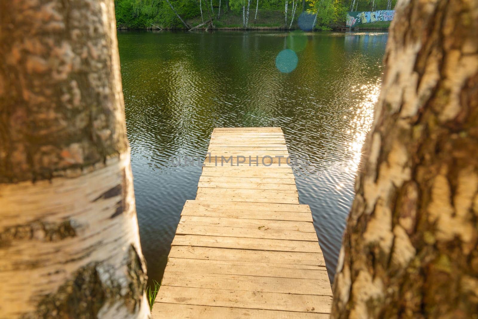 Wooden bridge on the lake. High quality photo