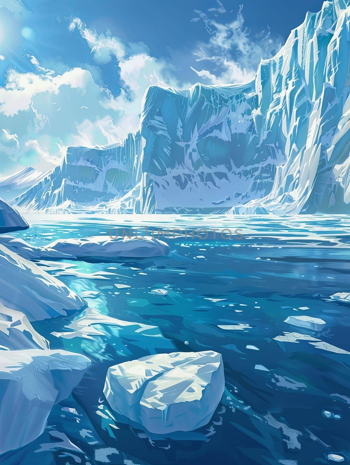 A painting depicting icebergs floating in the water, showcasing the cold beauty of the Arctic environment.