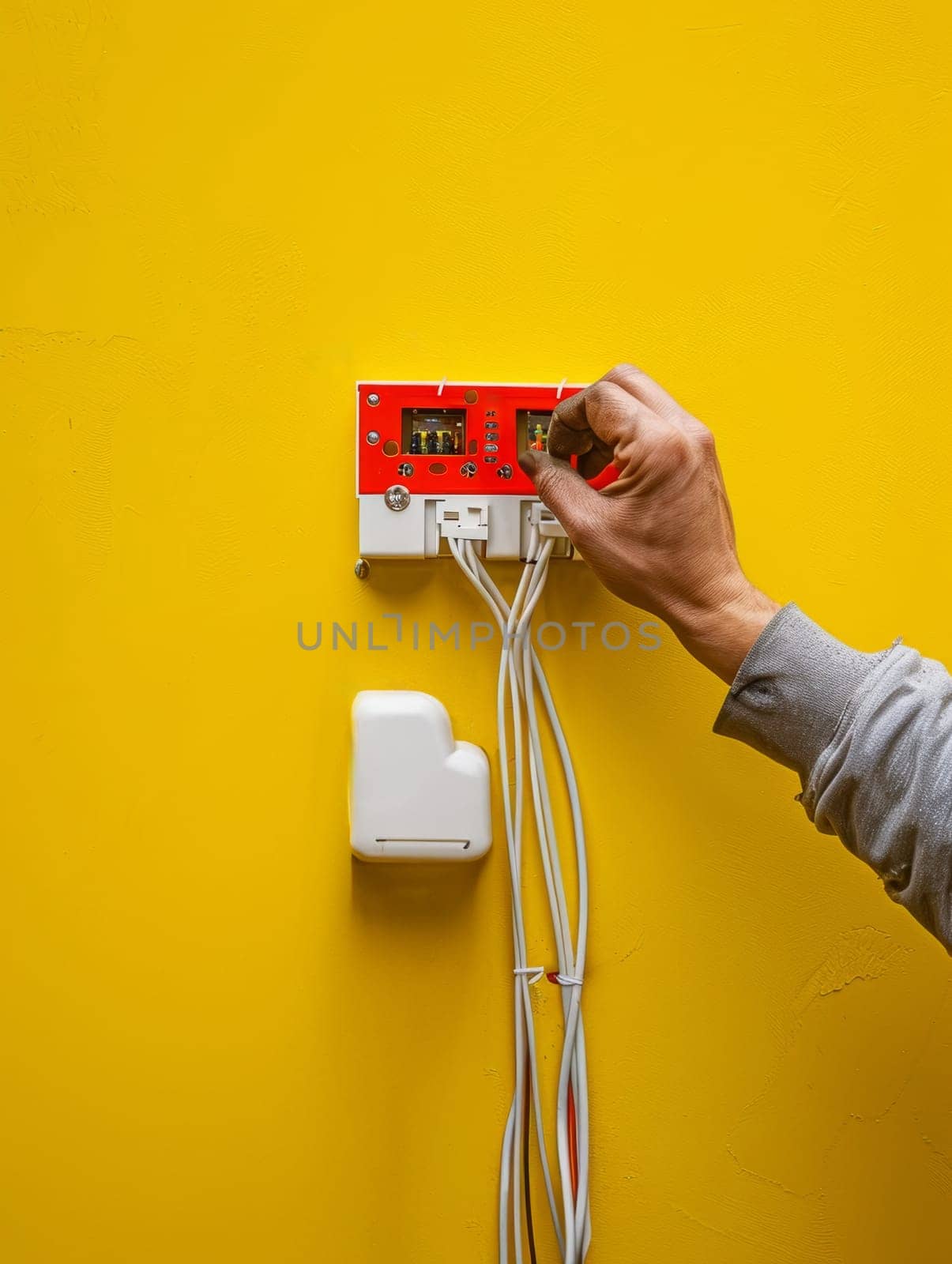 A technician closely examines and inspects various electrical equipment and components, surrounded by a vibrant yellow work environment