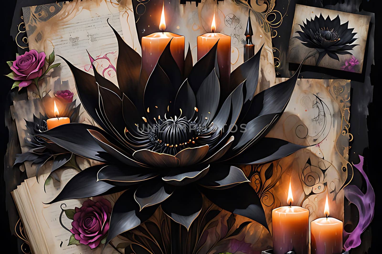 A detailed painting of a flower with several burning candles placed in front of it. The candles illuminate the delicate petals of the flower, creating a warm and inviting atmosphere.