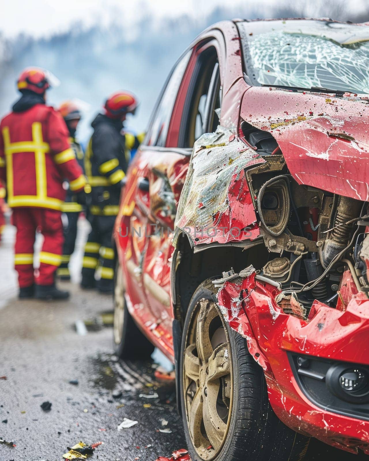 The image depicts the aftermath of a severe car accident, with a heavily damaged vehicle surrounded by emergency responders in protective gear