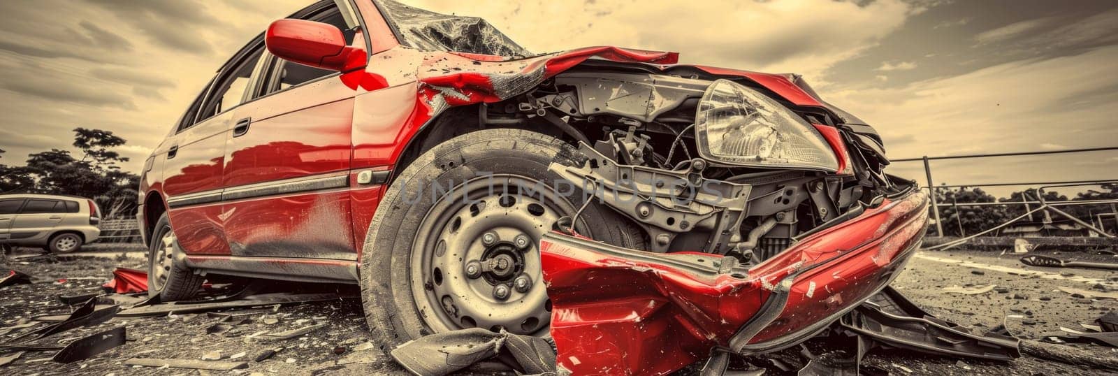 A heavily wrecked and mangled vehicle lies on the side of a rural road, with emergency responders examining the scene following what appears to be a serious traffic collision