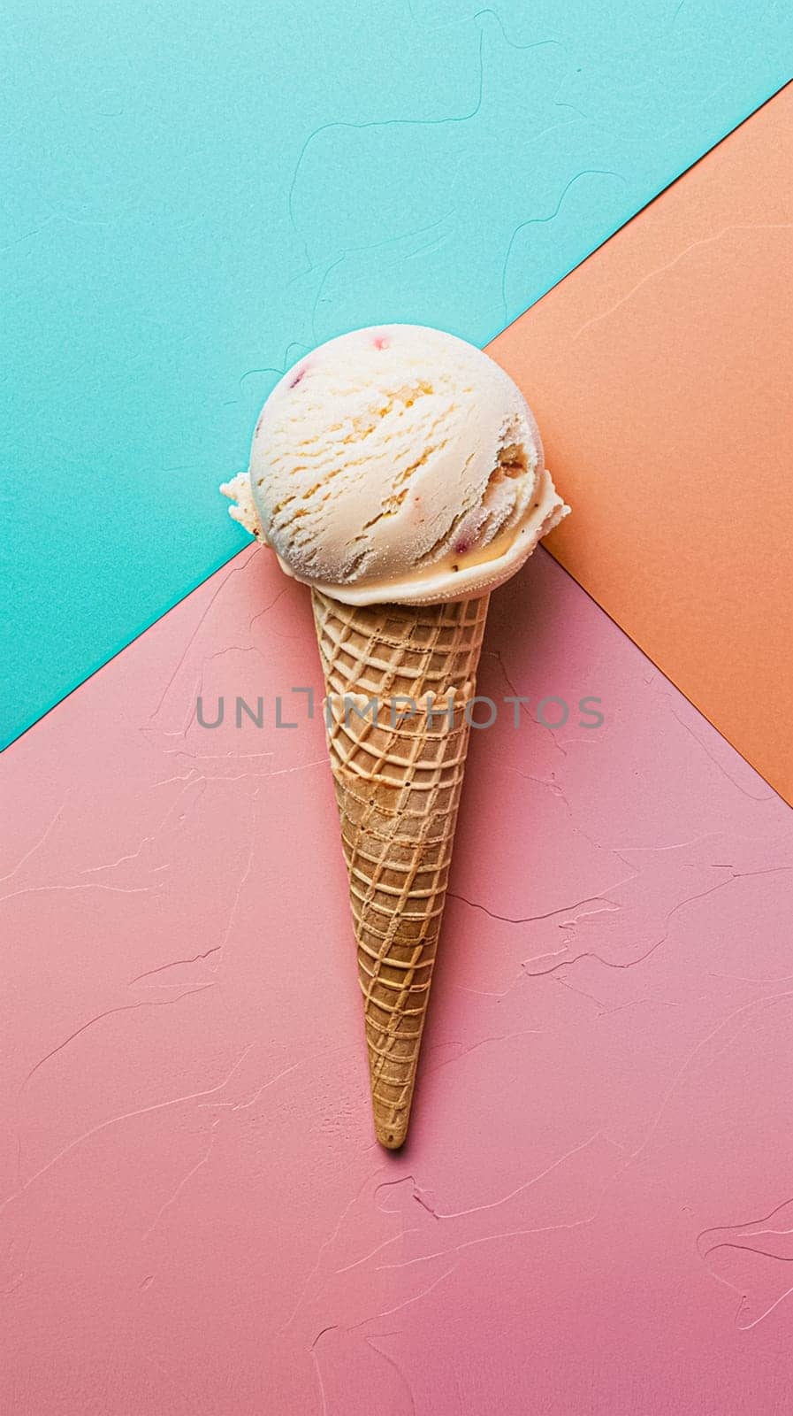 Scoops of ice cream in a waffle cone on a colorful background