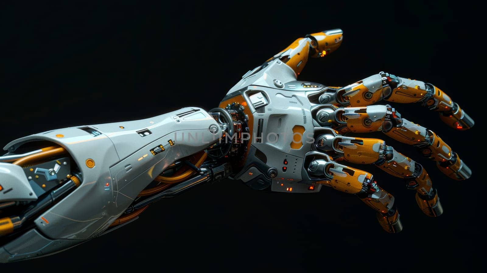 Cyborg hand on black background . A robotic arm. Biohacking.