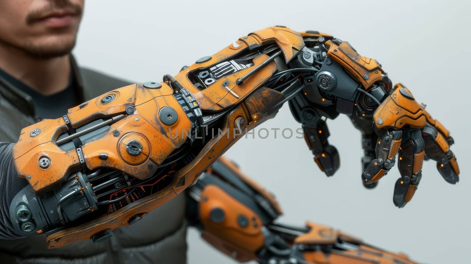 A man with a cyborg arm. Man with a robotic arm.