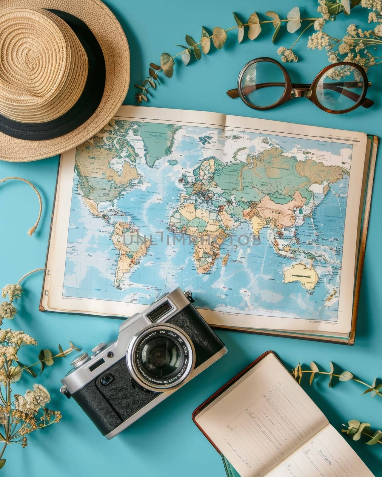 A vibrant travel scene featuring a world map, vintage camera, and stylish accessories, inspiring a sense of wanderlust and the thrill of discovering new destinations. by sfinks