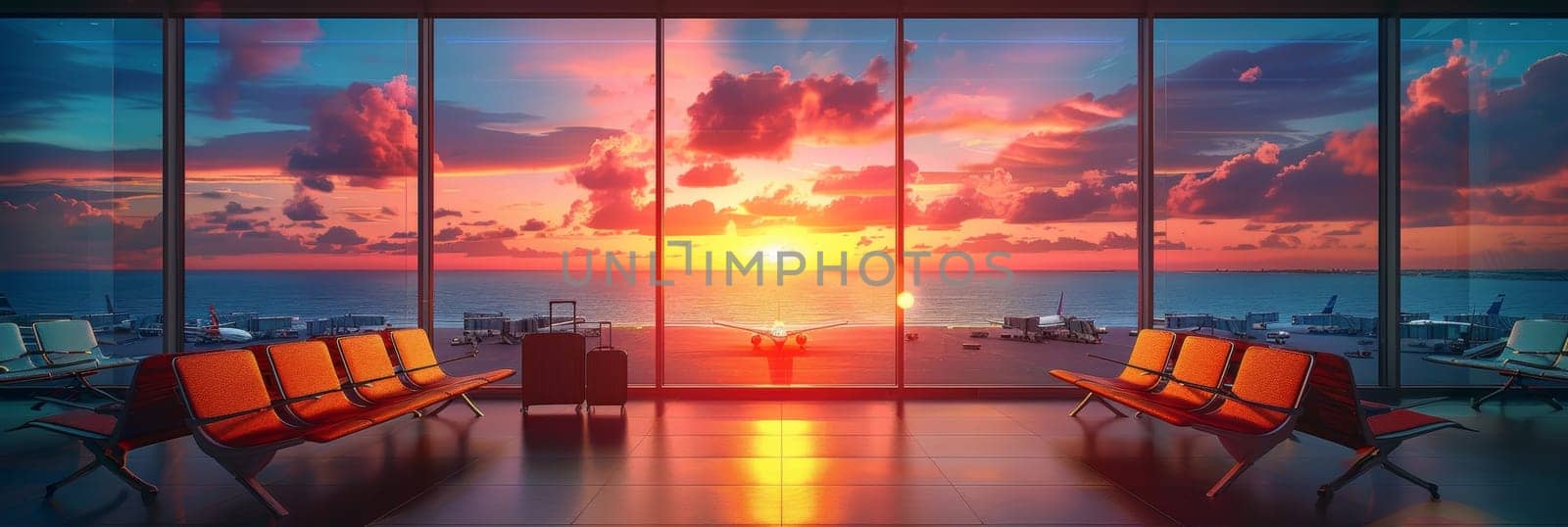 A stunning sunset casts a warm, vibrant glow over the airport lounge, creating a serene and tranquil atmosphere for travelers awaiting their flights