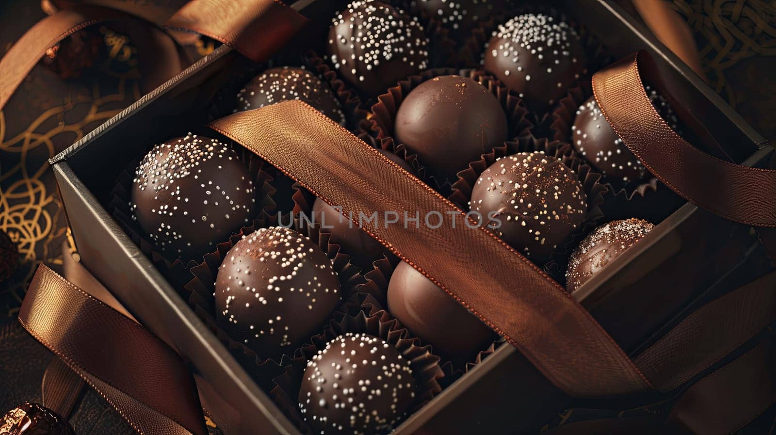 High-detail box of elegant chocolate truffles adorned with a rich brown ribbon.