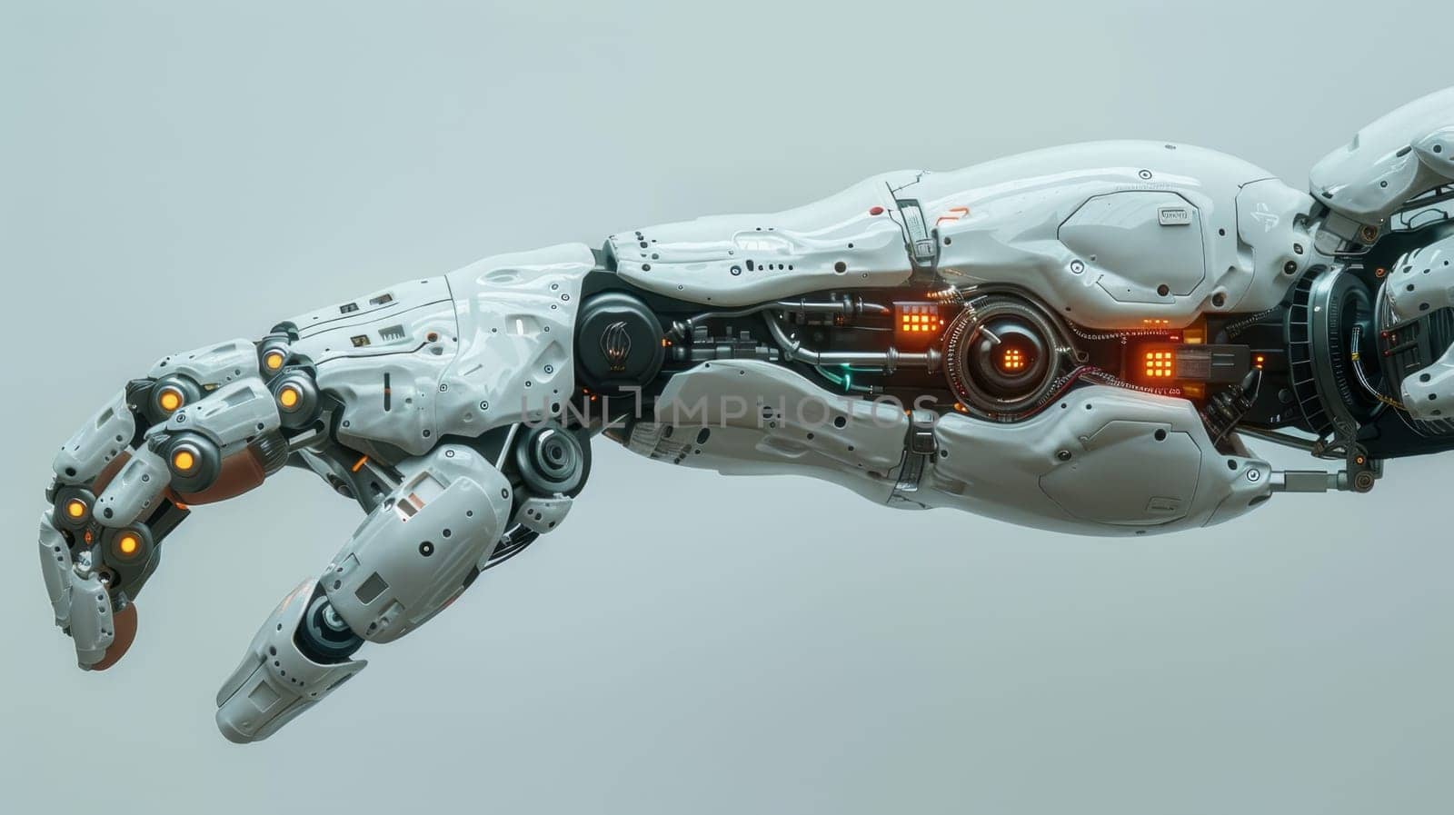 Cyborg hand on white background . A robotic arm. Biohacking.