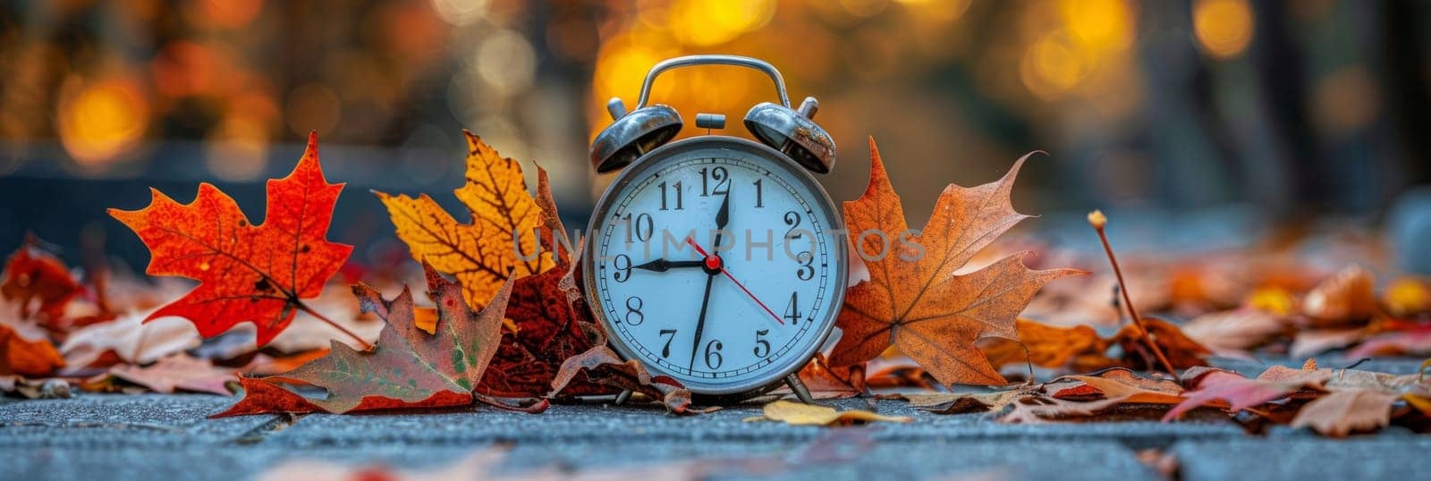 An alarm clock rests on the side of a road, surrounded by fallen leaves.