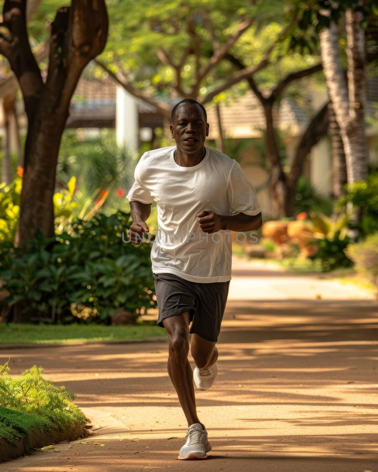 A man wearing athletic clothes is running down a path in a park, surrounded by trees and greenery by sfinks