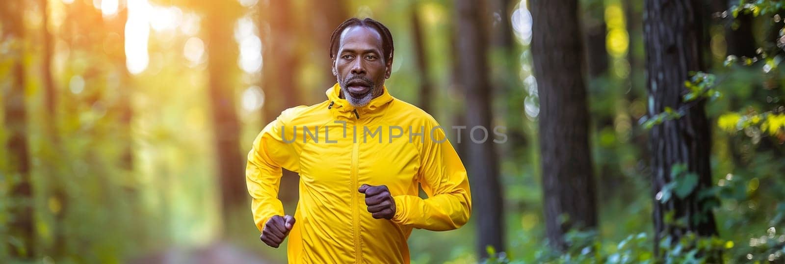 A fit, athletic man jogs through a lush, autumnal forest, surrounded by the warm, golden hues of the changing leaves. by sfinks