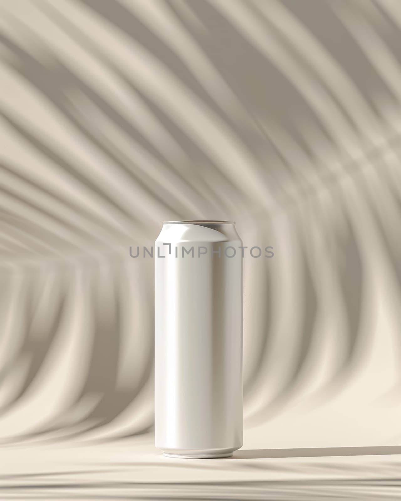 A simple, clean-lined white can stands out against a softly flowing, textured fabric background with muted tones and abstract patterns